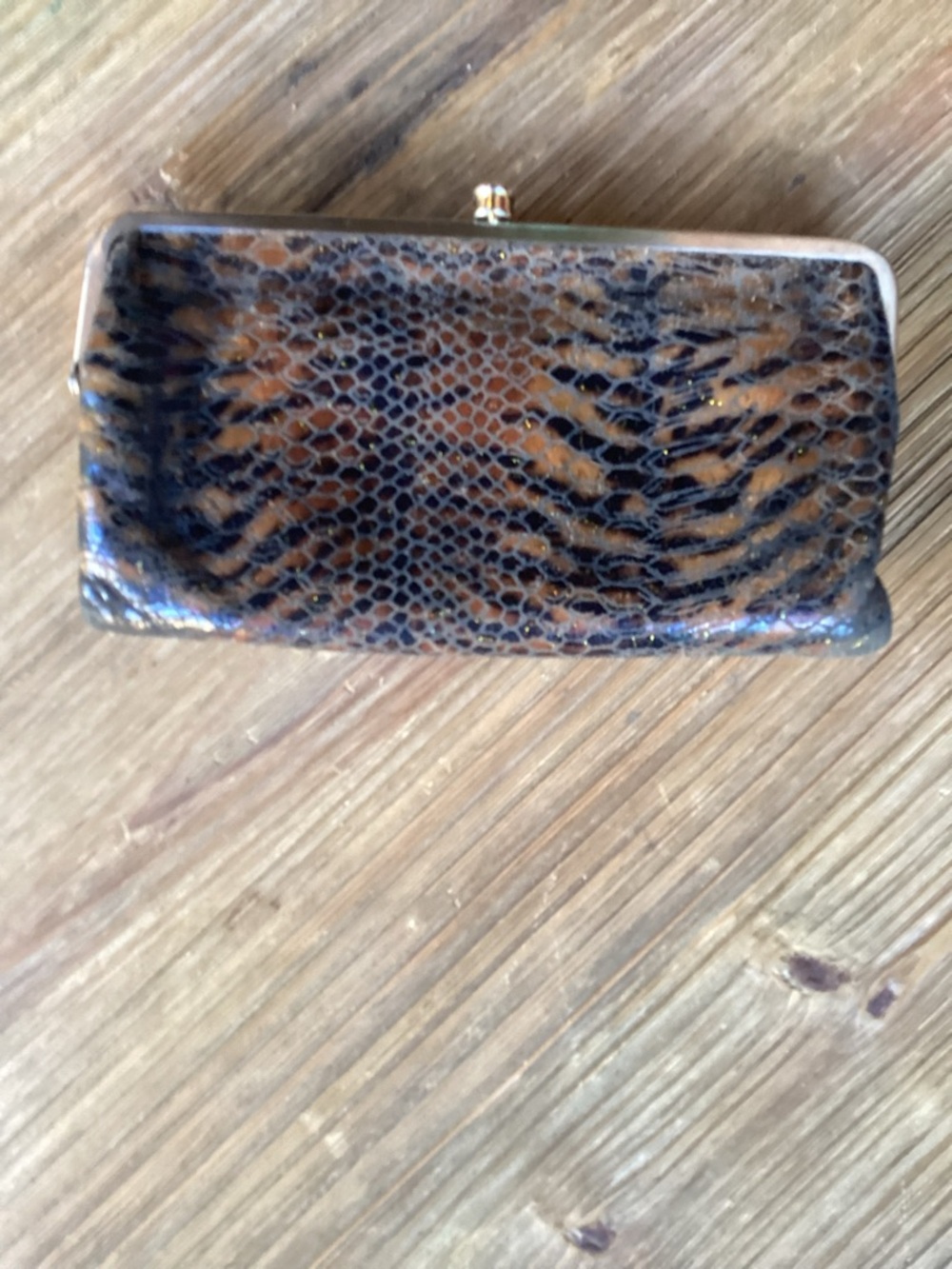 HOBO Metallic Leopard-Pattern Zip Wallet in Brown and Black